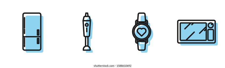 Set line Smart watch showing heart beat rate , Refrigerator , Blender  and Microwave oven  icon. Vector