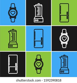 Set line Smart watch showing heart beat rate , Refrigerator  and Blender  icon. Vector