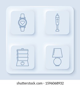 Set line Smart watch showing heart beat rate , Blender , Double boiler  and Table lamp . White square button. Vector