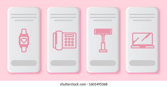 Set line Smart watch showing heart beat rate , Telephone , Electric heater  and Laptop . White rectangle button. Vector