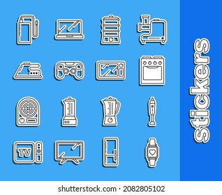 Línea inteligente que muestra la frecuencia del latido del corazón, Blender, Oven, Doble caldera, Gamepad, hierro eléctrico, banco de energía con cable de carga diferente e icono del horno de microondas. Vector