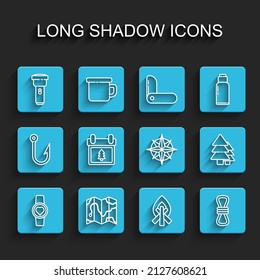 Set line Smart watch showing heart beat rate, Location of the forest on map, Flashlight, Campfire, Climber rope, Calendar with tree, Tree and Wind rose icon. Vector