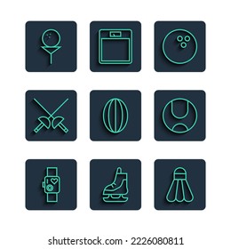 Línea inteligente que muestra el ritmo del latido del corazón, Skates, el muelle Badminton, la bola de bolos, el rugby, la esgrima, el tee de golf y el icono del tenis. Vector