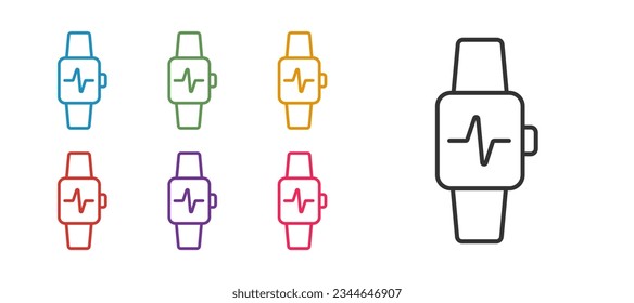 Set line Intelligente Uhr mit Symbol für Herzschlag einzeln auf weißem Hintergrund. Fitness App Konzept. Stellen Sie die Symbole bunt ein. Vektorgrafik