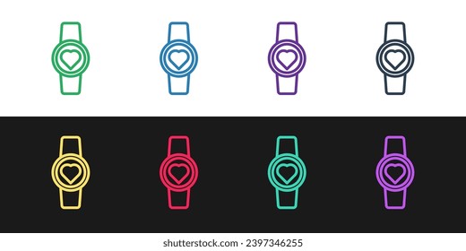 Set line Smart watch showing heart beat rate icon isolated on black and white background. Fitness App concept.  Vector Illustration