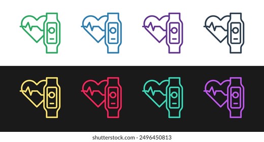 Set line Smart watch showing heart beat rate icon isolated on black and white background. Fitness App concept.  Vector