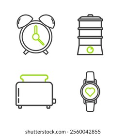 Set line Smart watch showing heart beat rate, Toaster with toasts, Double boiler and Alarm clock icon. Vector