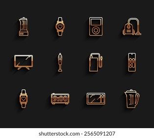 Set line Smart watch showing heart beat rate, Digital alarm clock, Blender, Microwave oven, Measuring cup, Remote control and Power bank with different charge cable icon. Vector