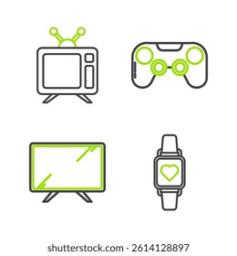 Set line Smart watch showing heart beat rate, Tv, Gamepad and Television icon. Vector