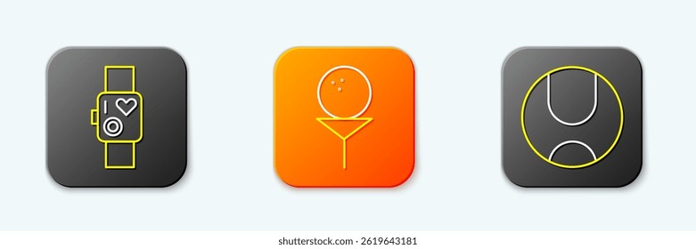 Set line Smart watch showing heart beat rate, Golf ball on tee and Tennis icon. Vector