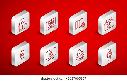 Set line Smart watch showing heart beat rate, Gps device with map, Location of the forest on, First aid kit, Tree, Thermos container and cup,  and Kayak canoe icon. Vector