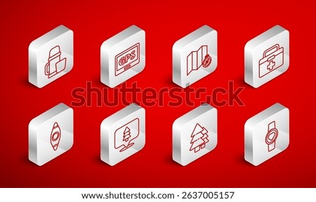 Set line Smart watch showing heart beat rate, Gps device with map, Location of the forest on, First aid kit, Tree, Thermos container and cup,  and Kayak canoe icon. Vector