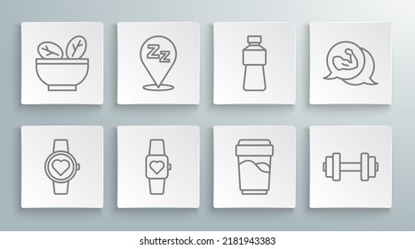 Set line Smart watch, Sleepy, Glass with water, Dumbbell, Bottle of, Bodybuilder muscle and Salad in bowl icon. Vector