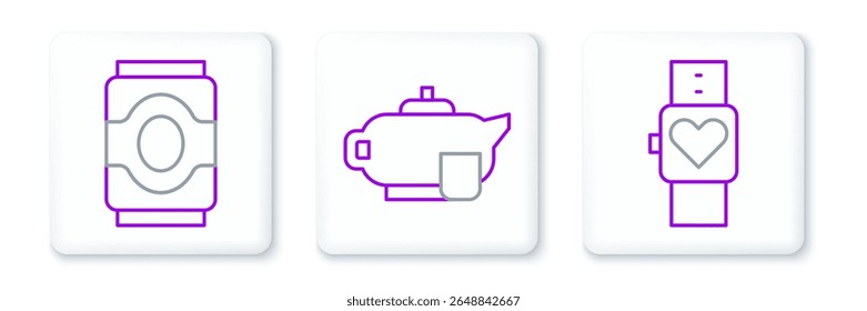 Definir linha Relógio inteligente, lata de refrigerante e Bule com ícone de xícara. Vetor