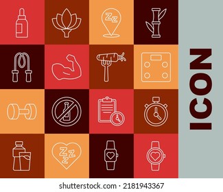 Set line Smart watch, Stopwatch, Bathroom scales, Sleepy, Bodybuilder muscle, Jump rope, Essential oil bottle and Carrot on fork icon. Vector