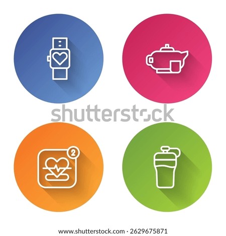Set line Smart watch, Teapot with cup, Mobile heart rate and Fitness shaker. Color circle button. Vector