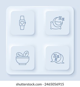 Set line Smart watch, Time to sleep, Salad in bowl and Sleepy. White square button. Vector