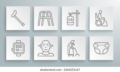 Set line Smart watch, Walker, Deaf, Grandmother, Adult diaper, IV bag, Woman in wheelchair and Walking stick cane icon. Vector