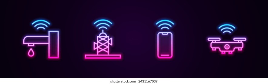Set line Smart water tap, Wireless antenna, smartphone and drone. Glowing neon icon. Vector