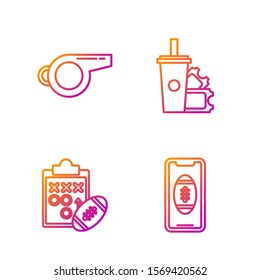 Set line Smartphone with american football ball on the screen, Planning strategy concept, Whistle and American Football ticket and paper glass soda with drinking straw. Gradient color icons. Vector