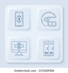 Set line Smartphone with american football ball on the screen, American football helmet, American football on tv program and Locker or changing room for football, basketball team or workers. Vector