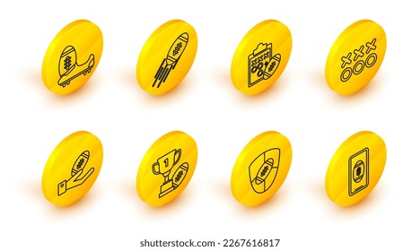 Set line Smartphone with american football ball on the screen, American Football and shield, Award cup, hand, Planning strategy concept,  and Soccer or shoes spikes icon. Vector