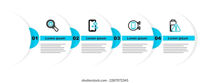 Set line Smartphone battery charge, Phone repair service, Glass screen protector and System bug icon. Vector