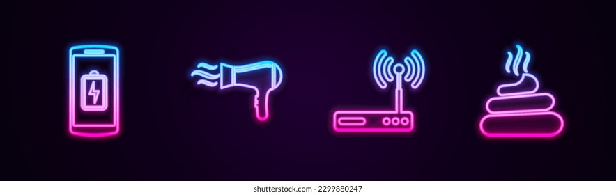 Set line Smartphone battery charge, Hair dryer, Router and wi-fi and Shit. Glowing neon icon. Vector