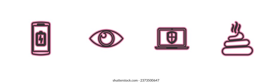 Ajuste la carga de batería de Smartphone, Laptop con escudo, Icono de Ojo y Mierda. Vector