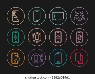 Set line Smartphone, battery charge, Micro SD memory card, Mobile with shield, charging, broken screen, exclamation mark and Glass protector icon. Vector