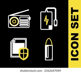 Set line Smartphone battery charge, Key, Wheat and Radio icon. Vector