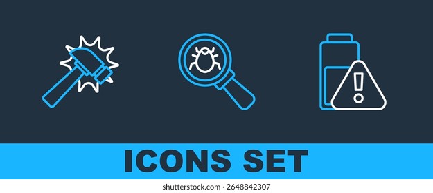 Recargo de la batería del teléfono inteligente, martillo e icono de error del sistema. Vector