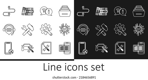 Set line Smartphone and book, Bacteria, Question Exclamation, Crossed hammer wrench, Headphones with speech bubble chat, Route location, Wrench gear and Office folders icon. Vector
