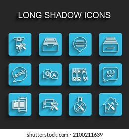 Set line Smartphone and book, Car service, Scooter, Bioengineering, House, Question Answer, Hashtag speech bubble and Office folders icon. Vector