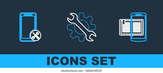 Set line Smartphone and book, Mobile service and Wrench gear icon. Vector