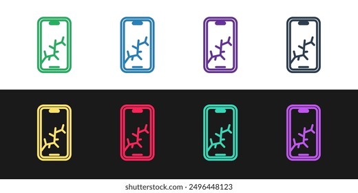 Set line Smartphone with broken screen icon isolated on black and white background. Shattered phone screen icon.  Vector