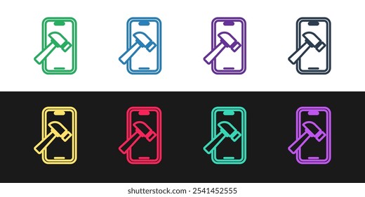 Set line Smartphone with broken screen icon isolated on black and white background. Shattered phone screen icon.  Vector