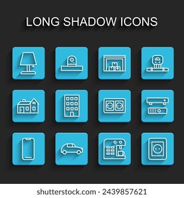 Fijar línea Smartphone, coche, lámpara de mesa, cafetera, toma de corriente eléctrica, casa, multimedia y caja de TV e icono. Vector