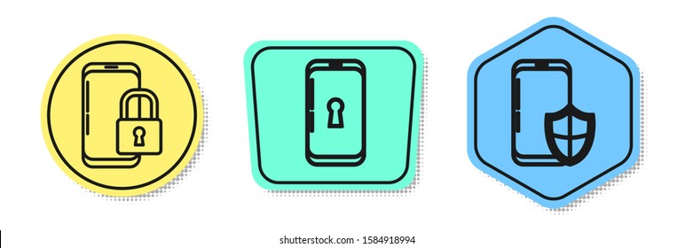 Set line Smartphone with closed padlock , Smartphone with lock  and Smartphone with security shield . Colored shapes. Vector