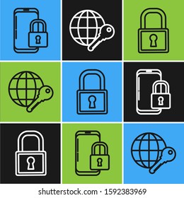 Set line Smartphone with closed padlock , Lock  and Globe key  icon. Vector
