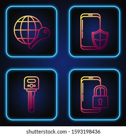 Set line Smartphone with closed padlock , Key , Globe key  and Smartphone with security shield . Gradient color icons. Vector