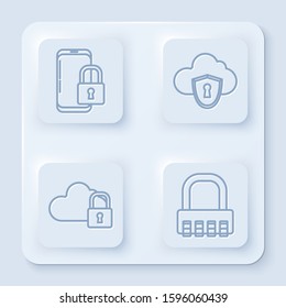 Set line Smartphone with closed padlock , Cloud and shield, Cloud computing lock  and Safe combination lock . White square button. Vector