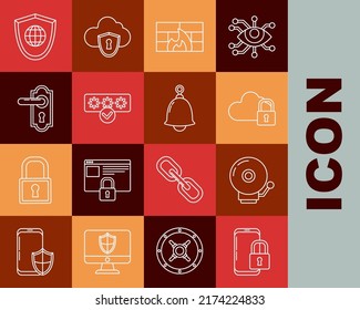 Set line Smartphone with closed padlock, Ringing alarm bell, Cloud computing, Firewall, security wall, Password protection and safety access, Door handle, Shield world globe and  icon. Vector
