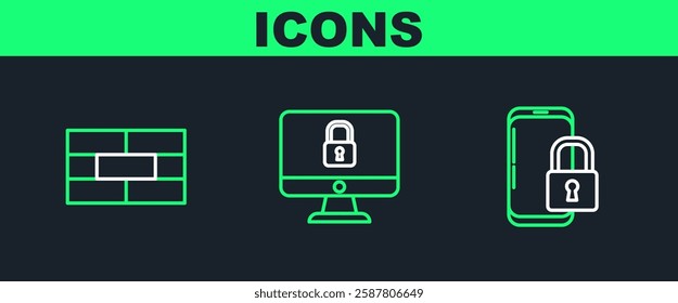 Set line Smartphone with closed padlock, Bricks and Lock computer monitor screen icon. Vector