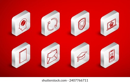 Línea Smartphone con contacto, Refrescamiento, Protección dental, Portátil de cesta de compras, Límite de graduación, Concepto de caza de cabezas, Correo y correo electrónico e icono Libro. Vector