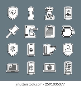 Set line Smartphone with contacts, User protection, Coffee pot, Graduate graduation cap, machine and cup, Push pin, Shield heart rate and Clipboard dental card icon. Vector