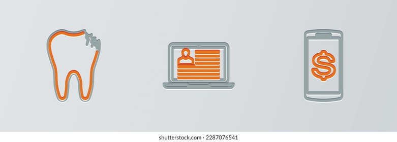 Set line Smartphone with dollar, Broken tooth and Laptop resume icon. Vector