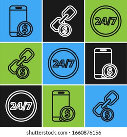 Set line Smartphone mit Dollar, Uhren 24 Stunden und Kettenlink und Münzsymbol. Vektorillustration