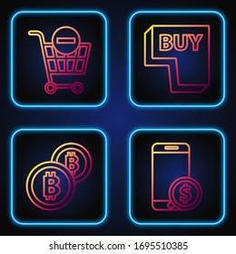 Fije la línea Smartphone con dólar, moneda de criptografía Bitcoin, Eliminar carro de compra y el botón Comprar. Iconos de color degradado. Vector