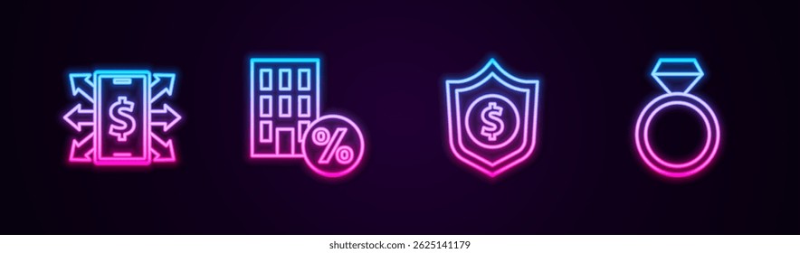 Set line Smartphone with dollar, House percant discount, Shield and Diamond engagement ring. Glowing neon icon. Vector